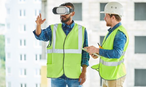 Construction Workers Using Visual Simulator on Site